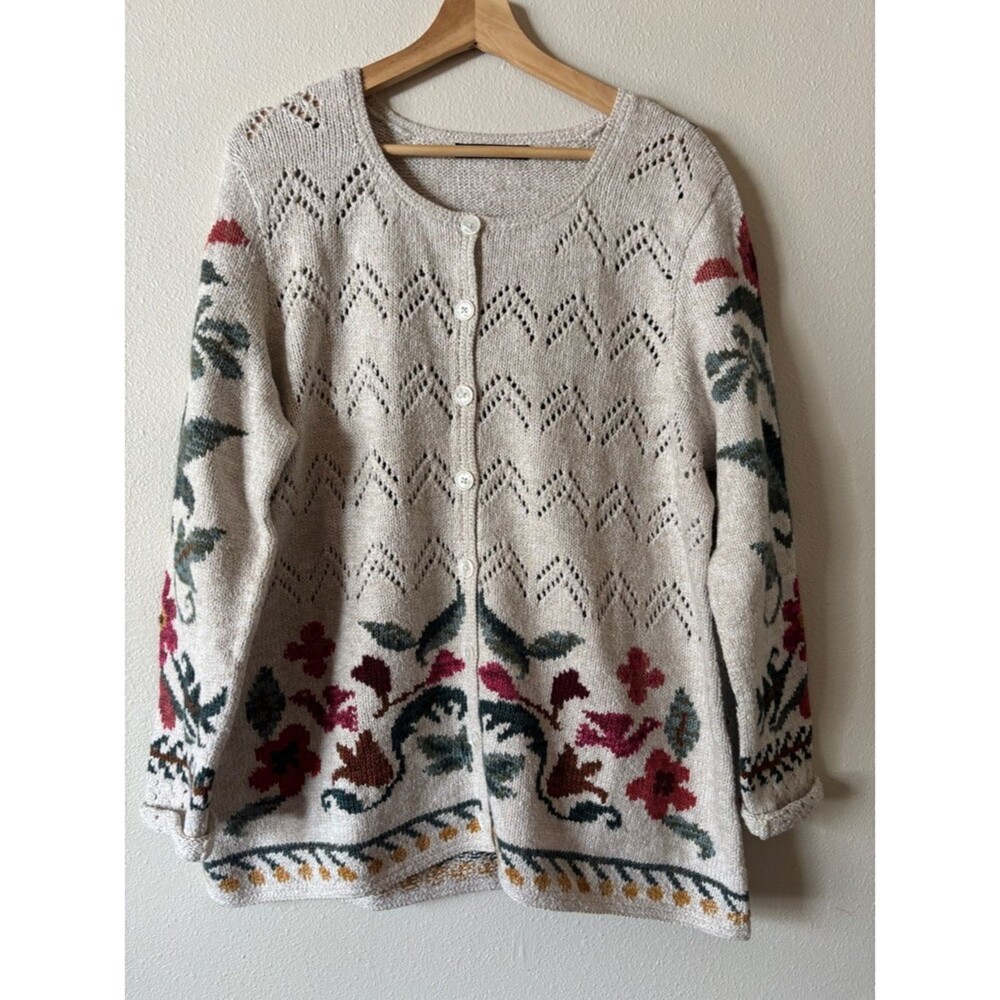 Peruvian Connection Pima Cotton and Alpaca Cream Cardigan Sweater With Floral De